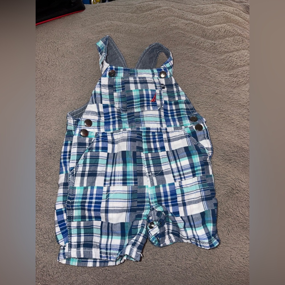 Nautica Blue White Plaid Cotton Baby Shortalls